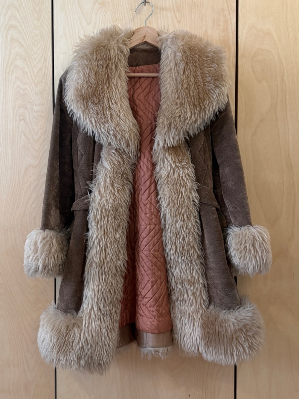 Union Made Brown Penny Lane Trench Coat with Cream Faux-Fur Trim
